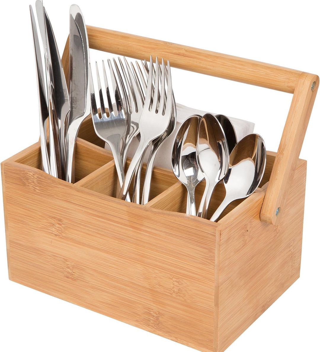 Portable Kitchen Cutlery Organizer with Handle | Bamboo Countertop Utensil Holder | 23x10x20cm