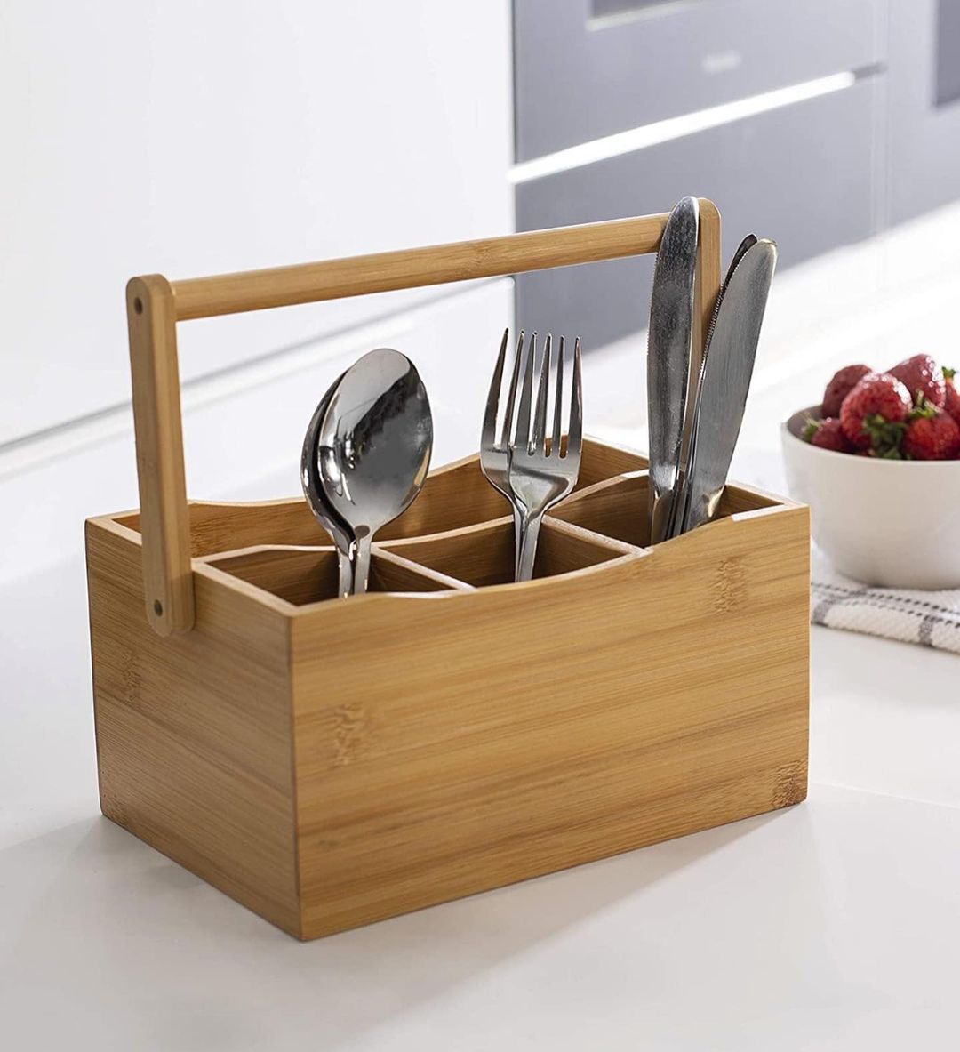 Portable Kitchen Cutlery Organizer with Handle | Bamboo Countertop Utensil Holder | 23x10x20cm