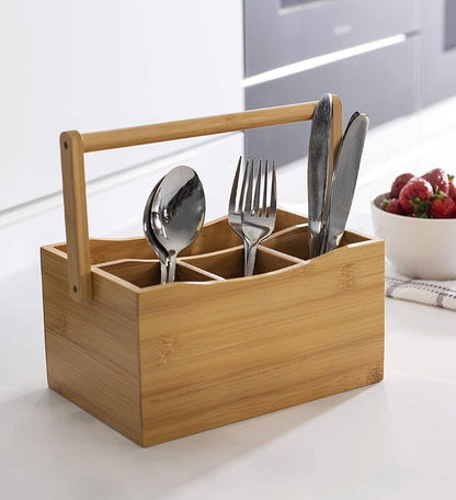 Portable Kitchen Cutlery Organizer with Handle | Bamboo Countertop Utensil Holder | 23x10x20cm