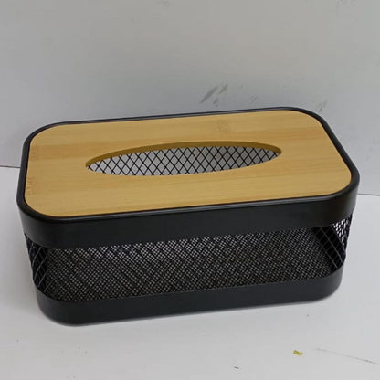 Wooden Top Mesh Serviette Holder | Black Wire Mesh with Bamboo Lid