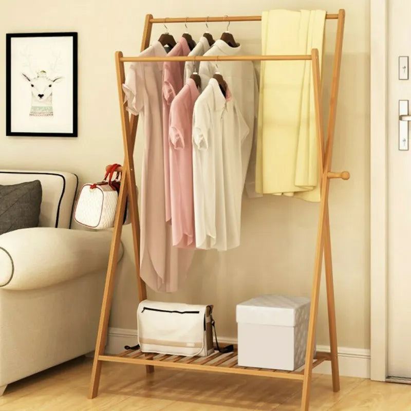 Foldable Bamboo Cloth Hanging Rack | Double Layer Free Standing Coat Rack with Side Hooks | Ideal for Bedrooms, Boutiques & Laundry Areas