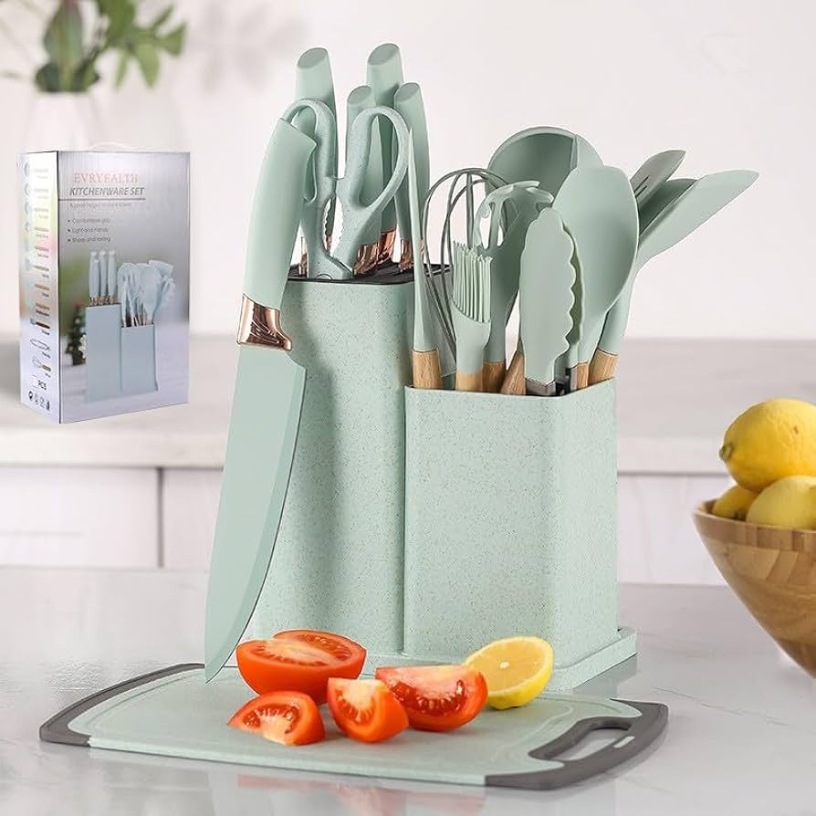 19 Piece Kitchenware Set | Premium Kitchen Tools with Elegant Stand | Knife Set, Chopping Board & Silicone Utensils