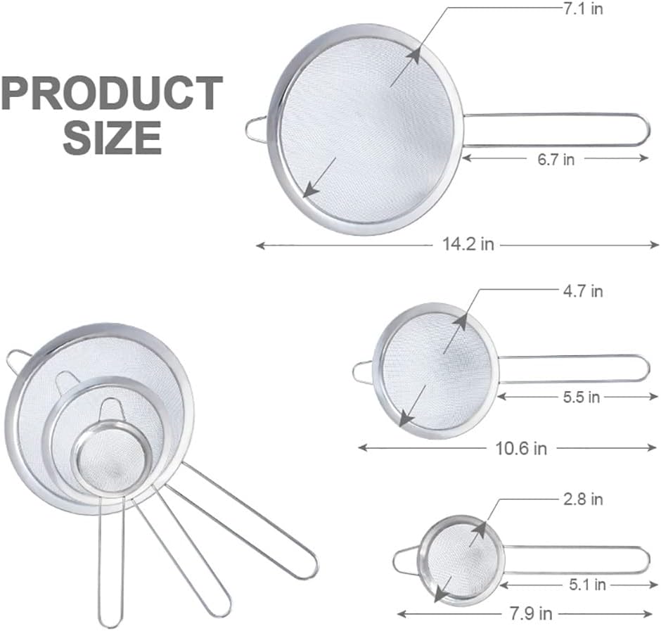 3in1 Metallic Sieve Set | Durable Stainless Steel Sifters | 10 cm, 12 cm, 14 cm | Ideal for Straining, Sifting, and Rinsing | Stackable Kitchen Tool