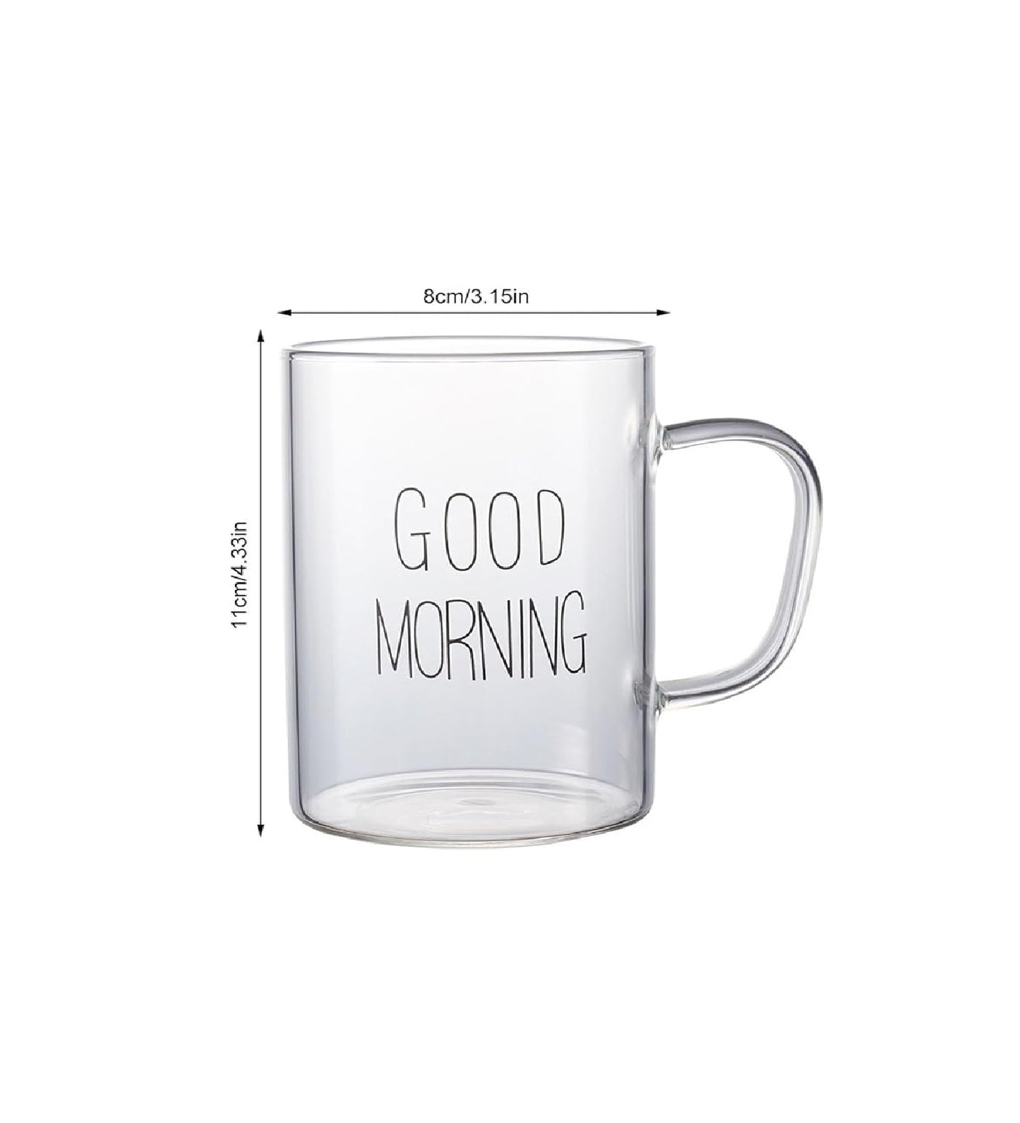 Stylish Good Morning Printed  Borosilicate Clear Glass Mug with Handle - 400ml Capacity | Juice, Tea, Coffee, Cocktails