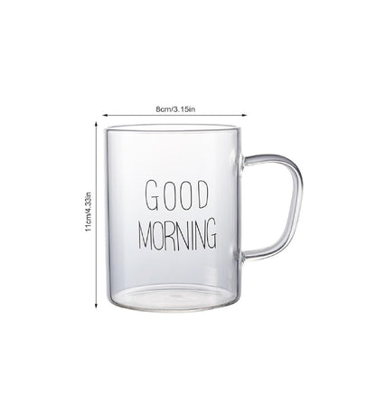 Stylish Good Morning Printed  Borosilicate Clear Glass Mug with Handle - 400ml Capacity | Juice, Tea, Coffee, Cocktails