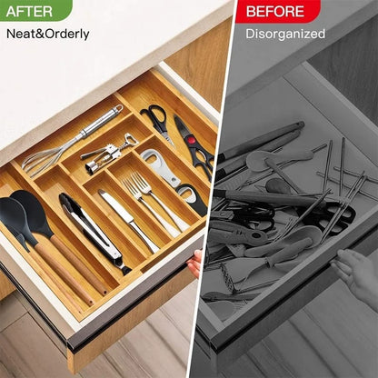 Expandable Bamboo Drawer Cutlery Organizer | Eco Friendly Bamboo Flatware & Silverware Tray | Adjustable Kitchen Utensil Organizer