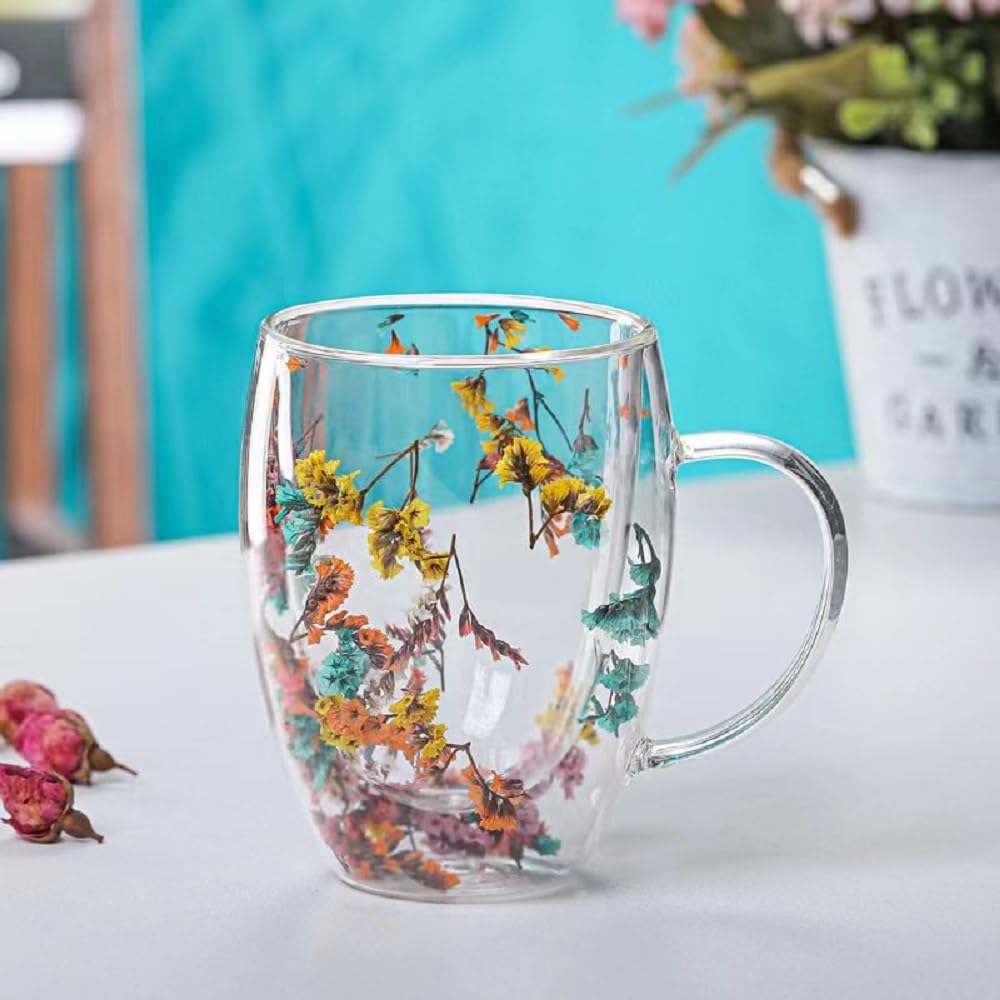 Flowered Double Walled Mug | 350ml Capacity | Coffee and Tea Cup with Handle | Ideal For Serving Coffee, Tea, Milk, & Other Hot Or Cold Beverages