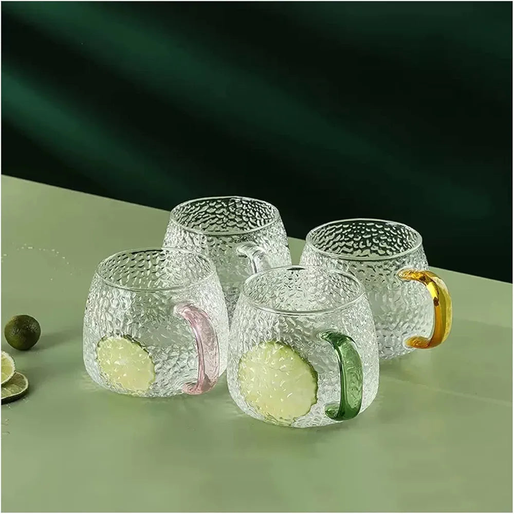 High Quality 350 ml Hammer Patterned Glass Cups with Gold Handles (Set of 6)