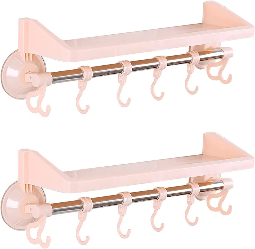 Shelves & Hook Suction Bathroom Hanger | Space Saving Punch Free Multifunctional Wall Mounted Storage Rack for Bathroom, Kitchen, and Living Room