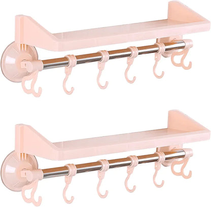 Shelves & Hook Suction Bathroom Hanger | Space Saving Punch Free Multifunctional Wall Mounted Storage Rack for Bathroom, Kitchen, and Living Room