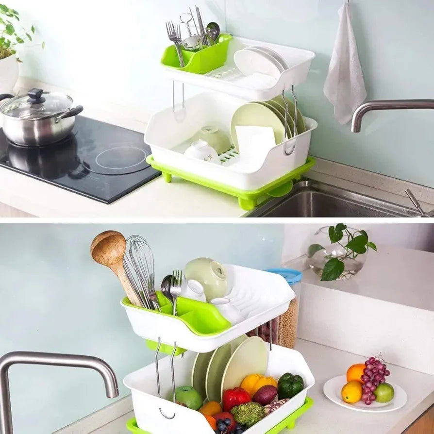 2 Tier Plastic Kitchen  Dish Drainer Rack | Durable Kitchen Organizer (Available in Green, Blue, Pink)