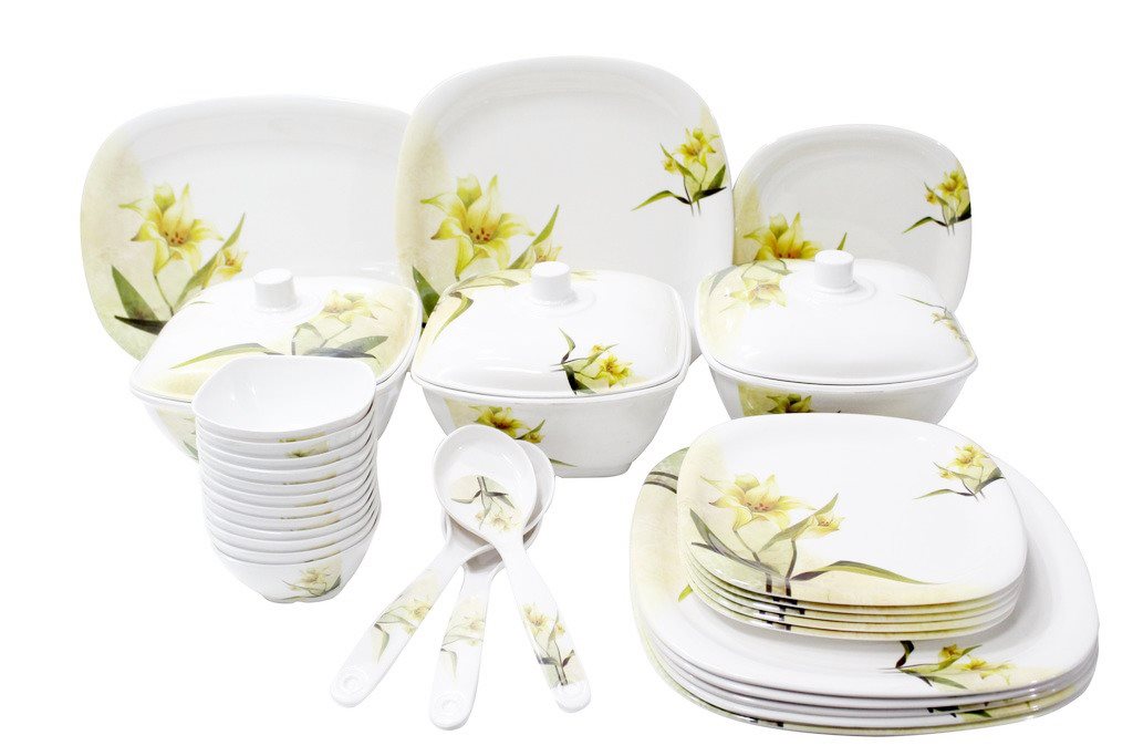 Signature 36 Piece 11" Quadra Square Dinner Plates | Snowdrops Design | Elegant 278mm Plate Set