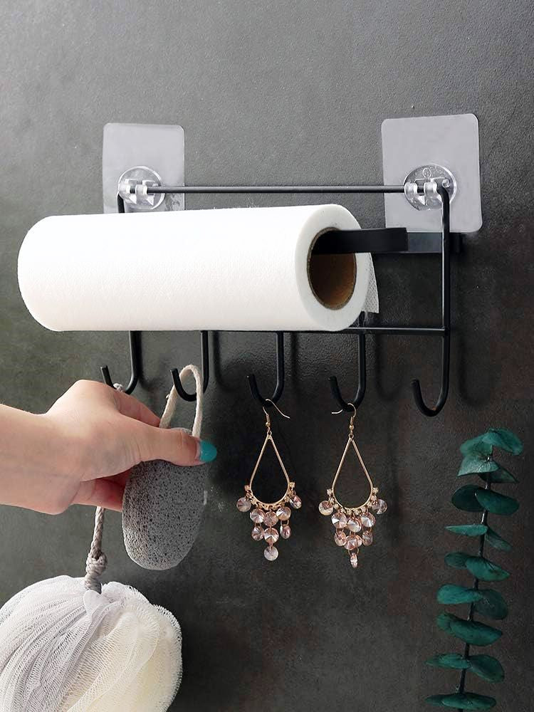 Adhesive Wall Mounted Tissue Holder – Black, No Drilling Organizer for Kitchen & Bathroom | Multifunction