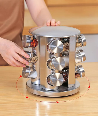 Stainless Steel Round 16 Empty Glass Jars Rotatable Spice Rack Kitchen Spice Adjustable Storage Rack Spice Organizer