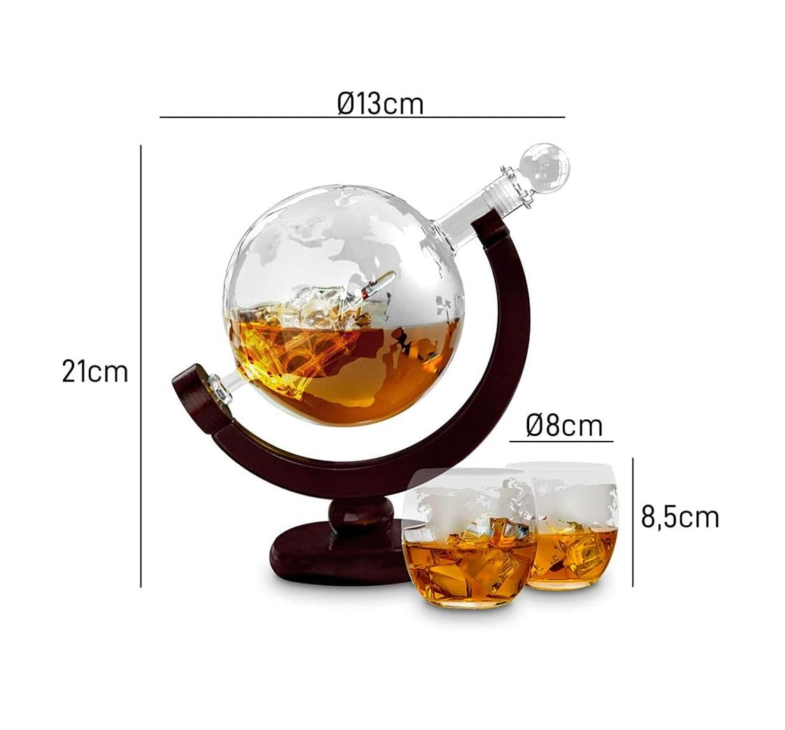 Globe Whiskey Decanter Set | 800ml Decanter with 2 Globe Glasses, Wooden Stand & Glass Stopper | Decorative & Functional