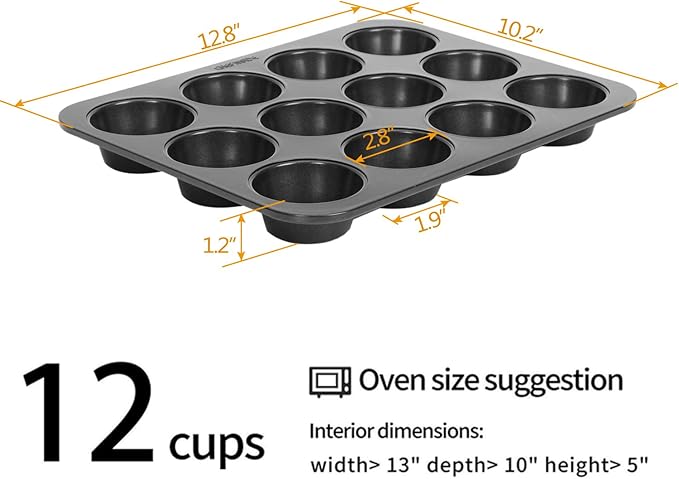 Non-slip Carbon Steel 12-Hole Cupcake Baking Tin | 12 cupcakes | Muffins, Cakes, Chocolate, Bread, Mousse, Jelly, Brownie Cupcakes