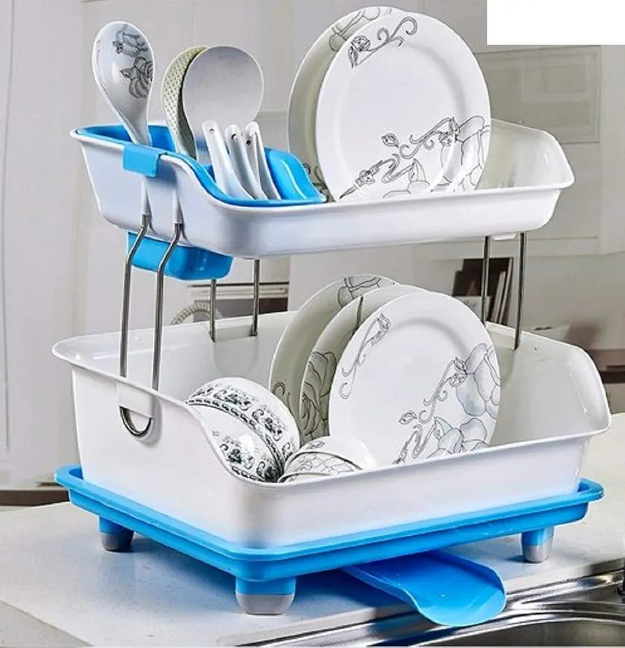 2 Tier Plastic Kitchen  Dish Drainer Rack | Durable Kitchen Organizer (Available in Green, Blue, Pink)