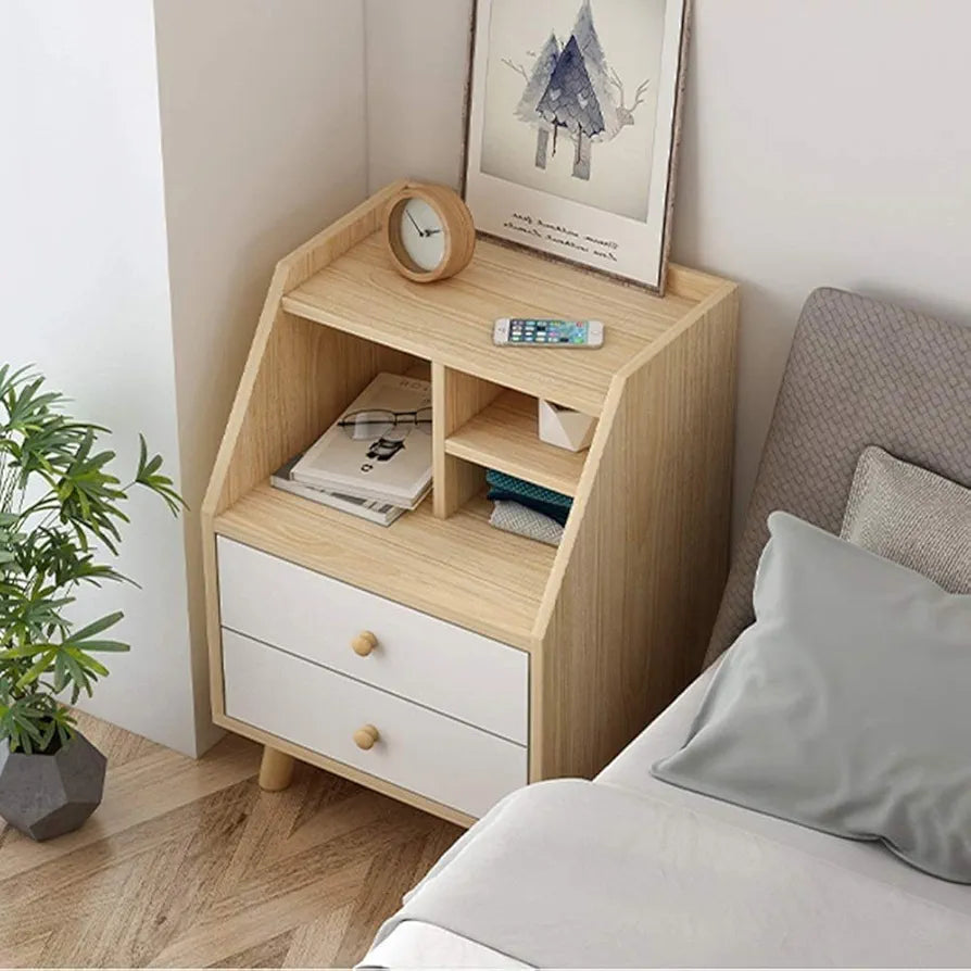 Minimalist Wooden Bedside Table with Drawer – 40x30x53cm, Multi-Layer Storage, PVC Legs, Round Edges