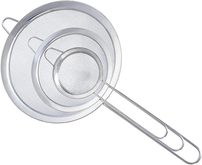 3in1 Metallic Sieve Set | Durable Stainless Steel Sifters | 10 cm, 12 cm, 14 cm | Ideal for Straining, Sifting, and Rinsing | Stackable Kitchen Tool