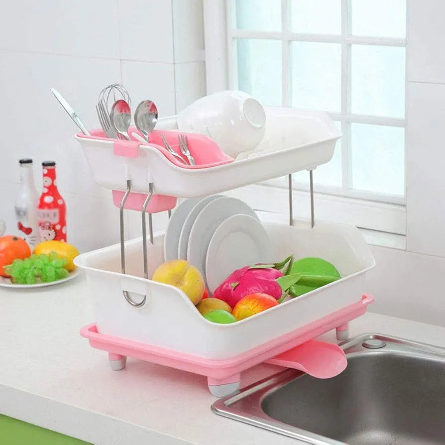 2 Tier Plastic Kitchen  Dish Drainer Rack | Durable Kitchen Organizer (Available in Green, Blue, Pink)