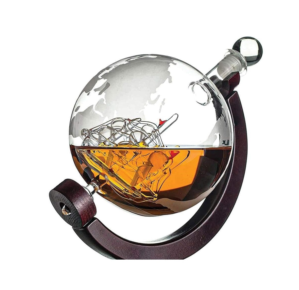 Globe Whiskey Decanter Set | 800ml Decanter with 2 Globe Glasses, Wooden Stand & Glass Stopper | Decorative & Functional