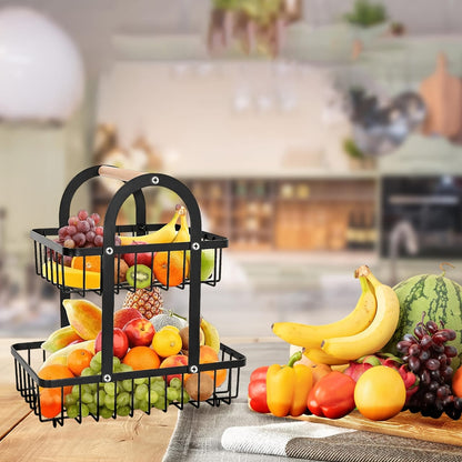 2 Layer Metallic Mesh Fruit Basket | Black Iron Metal with Wooden Holder | Handheld Rack for Kitchen & Bathroom