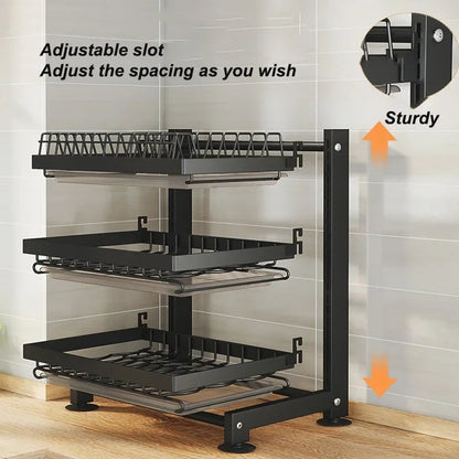 Carbon Steel 3layer Height Adjustable High Quality Dishrack with Drain Trays| Chopping Board  & Cutlery, 40.2 cm x 28.2 cm x 61.2 cm Holders