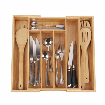 Expandable Bamboo Drawer Cutlery Organizer | Eco Friendly Bamboo Flatware & Silverware Tray | Adjustable Kitchen Utensil Organizer