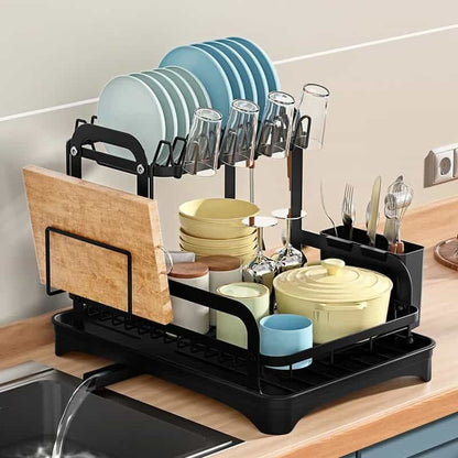 Large 2 Tier Carbon SteDish Drying Rack with Drip Tray Detachable Dish Drainer Rack with Swivel Drainage Spout | Cutting-Board Holder | Cup Holder | Organize Shelf with Utensil Holder Set| Black