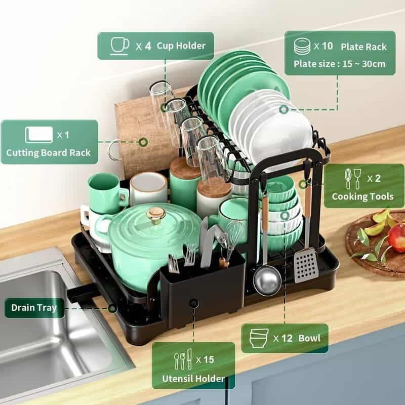 Large 2 Tier Carbon SteDish Drying Rack with Drip Tray Detachable Dish Drainer Rack with Swivel Drainage Spout | Cutting-Board Holder | Cup Holder | Organize Shelf with Utensil Holder Set| Black