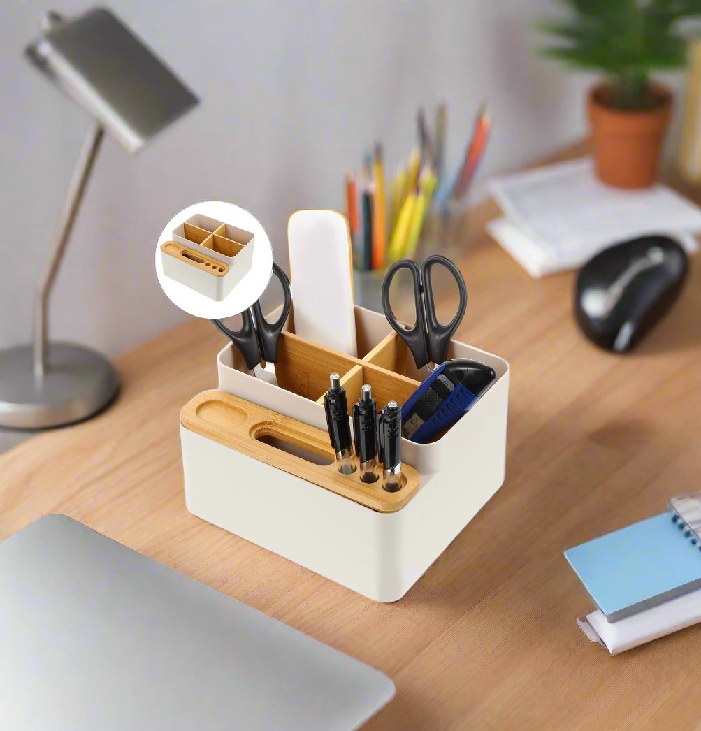 MultiPurpose Adjustable Rectangular Desktop Offfice Organizer with Dividers & Wooden Cover  | White |Multipurpose Storage Organizer | Simple Tissue Box  |  Home Desks | Office Desks | Workspaces