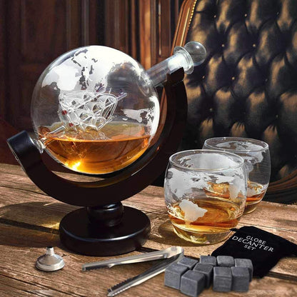 Globe Whiskey Decanter Set | 800ml Decanter with 2 Globe Glasses, Wooden Stand & Glass Stopper | Decorative & Functional