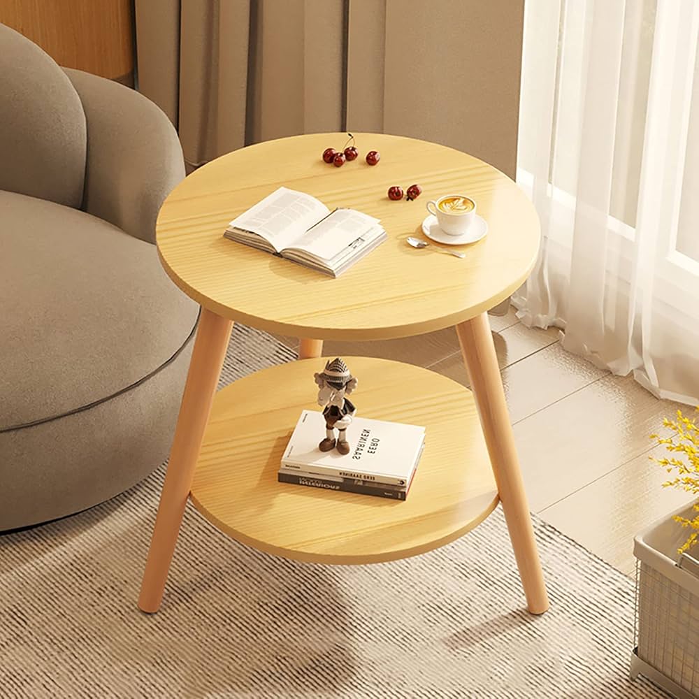 Nordic Style Round Double Layer Coffee Table | Minimalist Side Table | 50 cm | White | Beige| With Shelf Storage