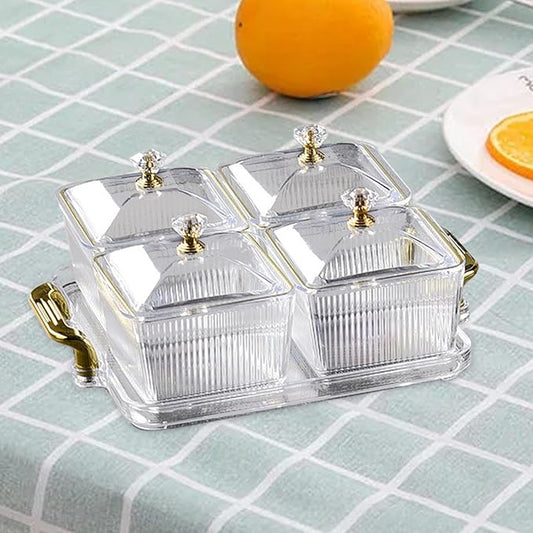 Acrylic Snack Serving Tray | 22x22cm Tray with 4pcs 300ml Storage Boxes | Clear 4-Grid Food Storage Containers for Parties & Dining