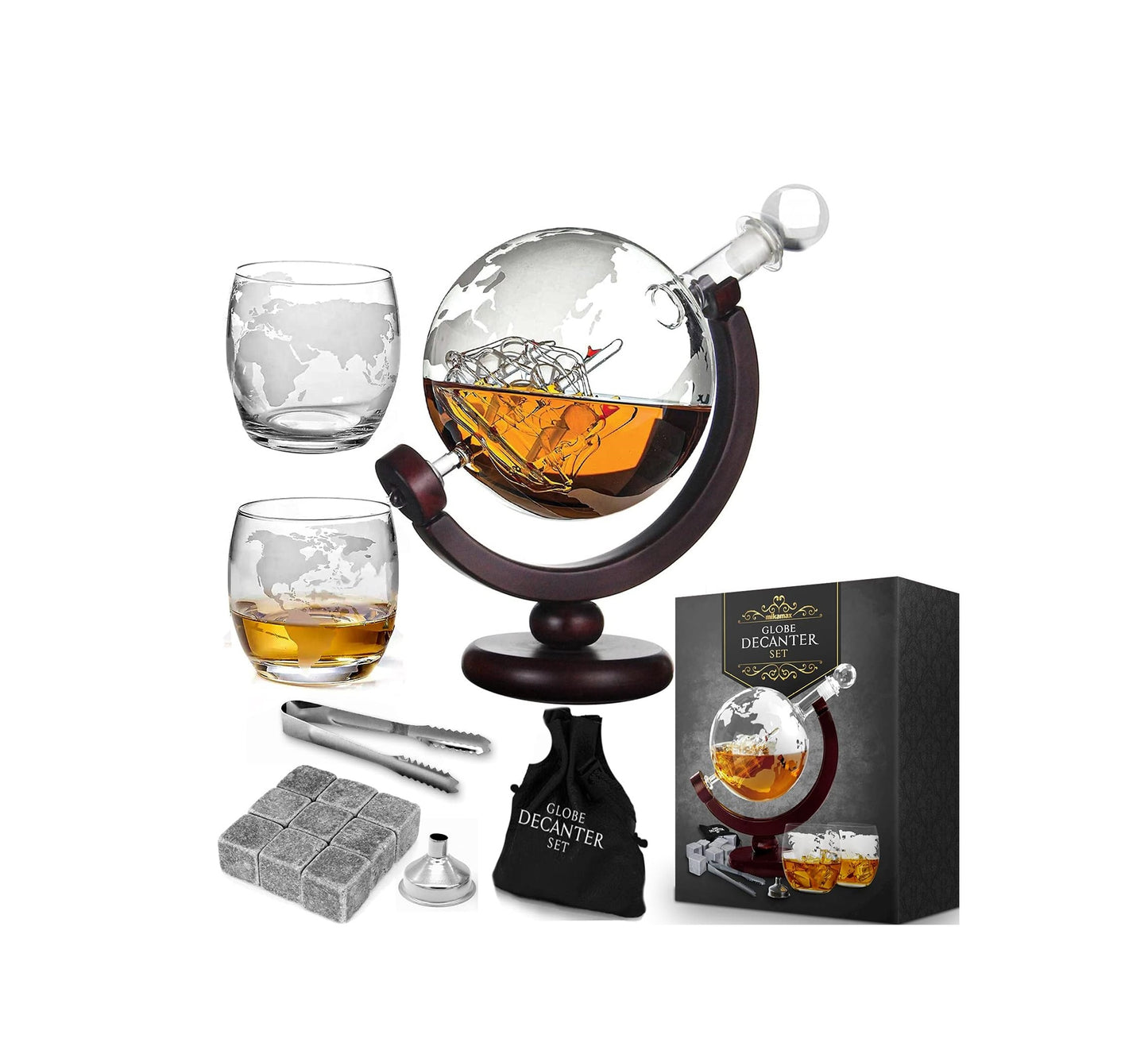 Globe Whiskey Decanter Set | 800ml Decanter with 2 Globe Glasses, Wooden Stand & Glass Stopper | Decorative & Functional