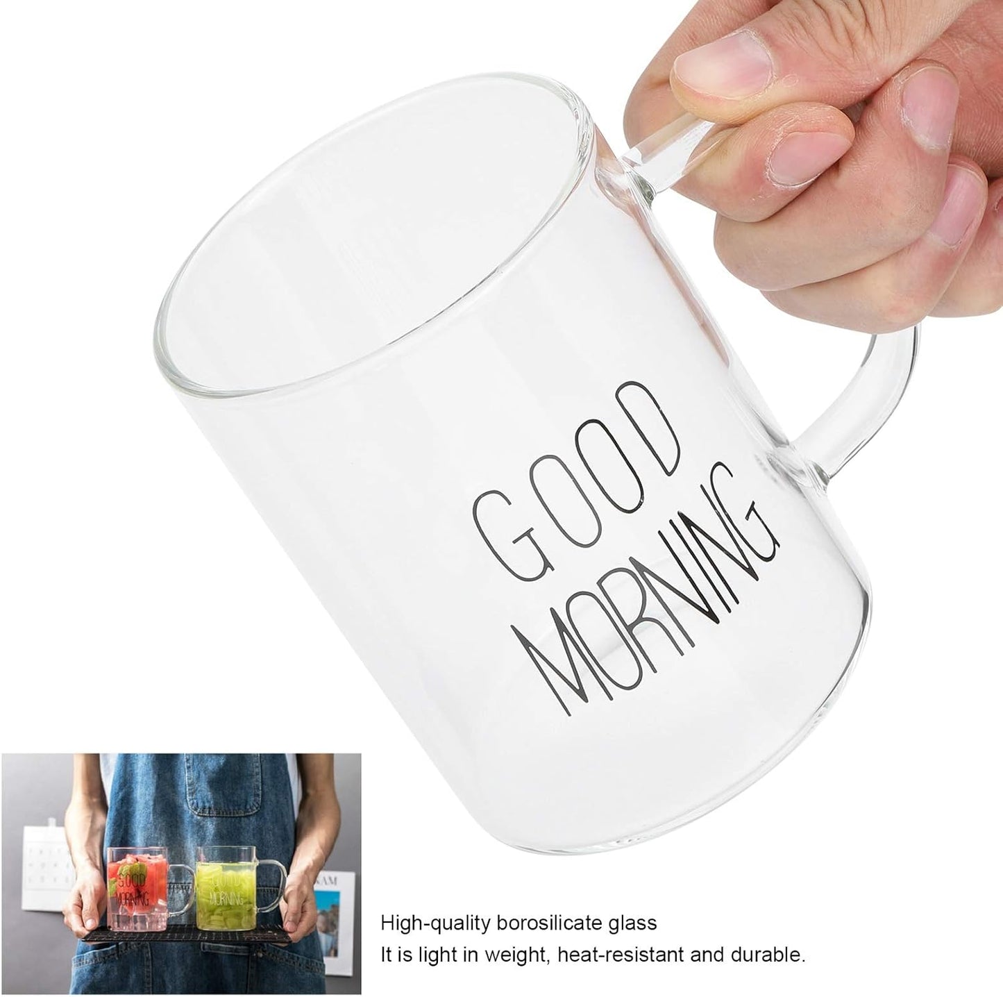 Stylish Good Morning Printed  Borosilicate Clear Glass Mug with Handle - 400ml Capacity | Juice, Tea, Coffee, Cocktails