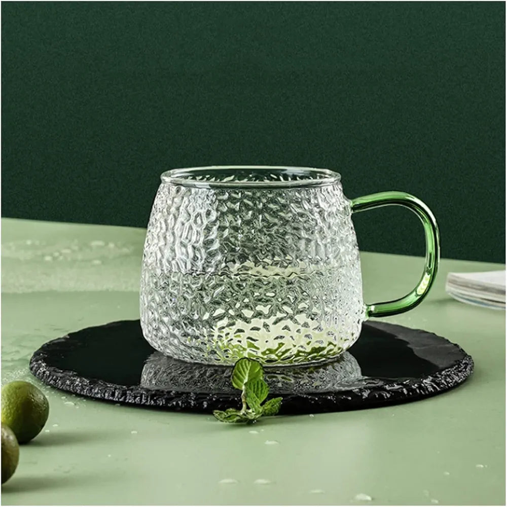 High Quality 350 ml Hammer Patterned Glass Cups with Gold Handles (Set of 6)