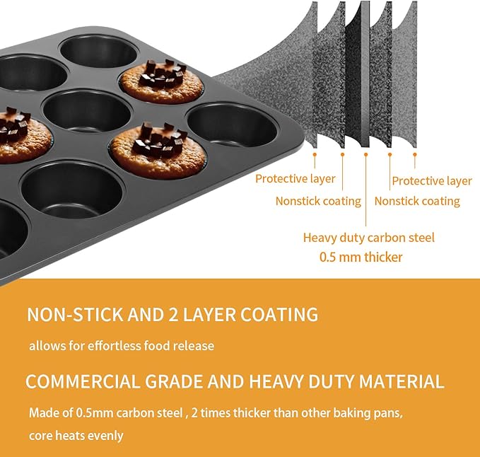 Non-slip Carbon Steel 12-Hole Cupcake Baking Tin | 12 cupcakes | Muffins, Cakes, Chocolate, Bread, Mousse, Jelly, Brownie Cupcakes