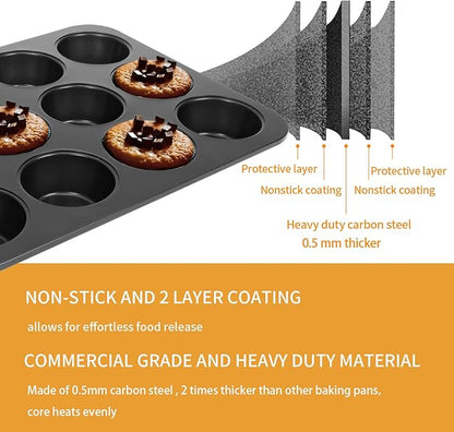 Non-slip Carbon Steel 12-Hole Cupcake Baking Tin | 12 cupcakes | Muffins, Cakes, Chocolate, Bread, Mousse, Jelly, Brownie Cupcakes