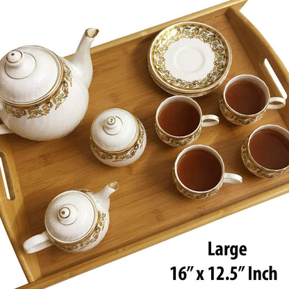 High Quality Multifunctional Bamboo Serving Trays Set | 3 Piece Set for Coffee, Dinner, Lunch, Hotel Use | Long Handle Design