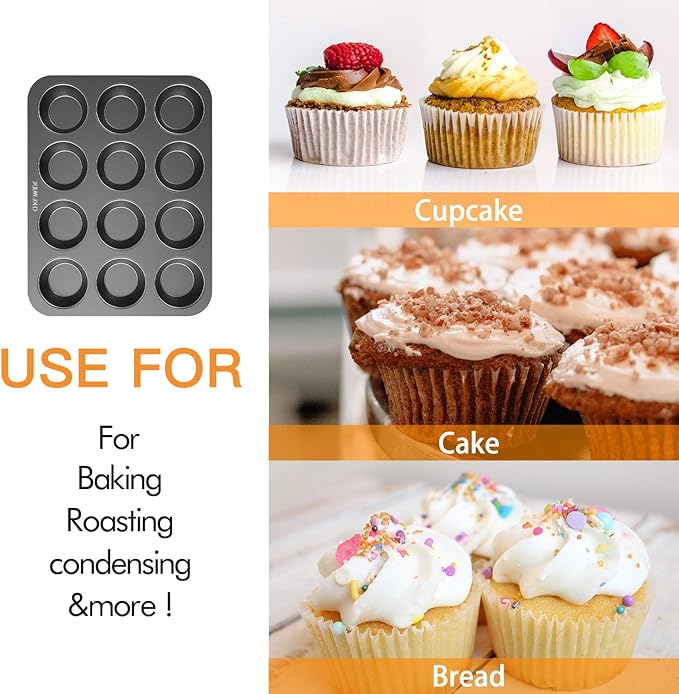 Non-slip Carbon Steel 12-Hole Cupcake Baking Tin | 12 cupcakes | Muffins, Cakes, Chocolate, Bread, Mousse, Jelly, Brownie Cupcakes