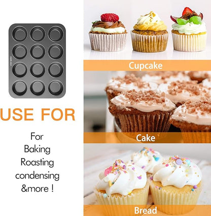 Non-slip Carbon Steel 12-Hole Cupcake Baking Tin | 12 cupcakes | Muffins, Cakes, Chocolate, Bread, Mousse, Jelly, Brownie Cupcakes