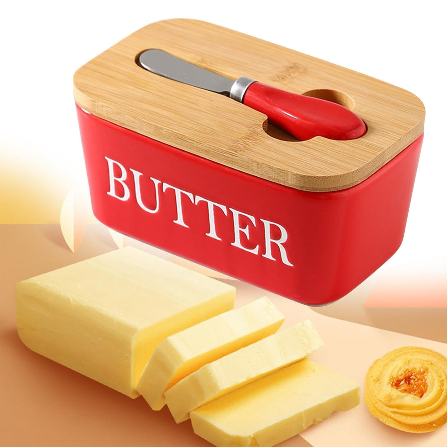 850gms  High-quality Ceramic Butter Dish with Bamboo Lid| Multicolor | Multiuse Preservation Box Ceramic Butter Dish| Kitchen, Dining