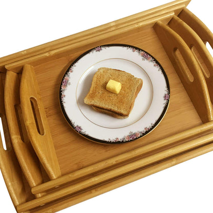 High Quality Multifunctional Bamboo Serving Trays Set | 3 Piece Set for Coffee, Dinner, Lunch, Hotel Use | Long Handle Design