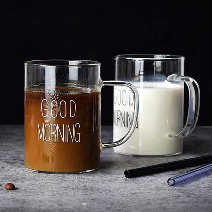 Stylish Good Morning Printed  Borosilicate Clear Glass Mug with Handle - 400ml Capacity | Juice, Tea, Coffee, Cocktails