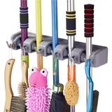 Wall Mounted Broom Holder | 5 Position Organizer with 6 Hooks for Brush & Mop Storage