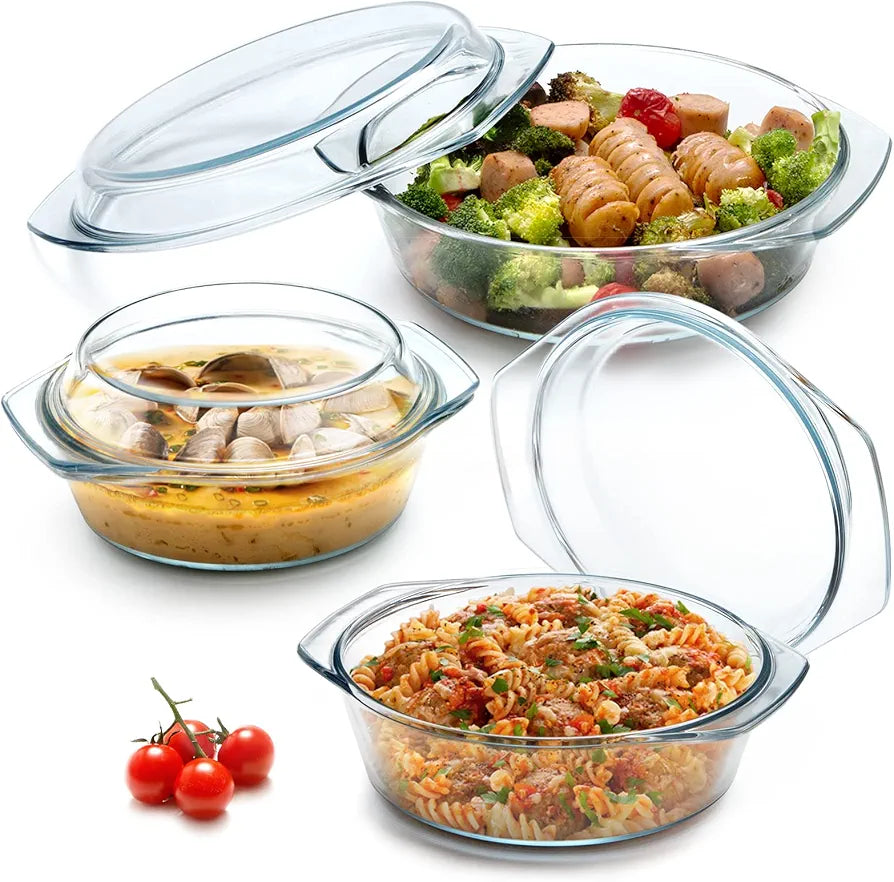 Signature Glass Casseroles with Glass Lids (Set of 3) – 0.7L, 1L, 1.5L Capacity