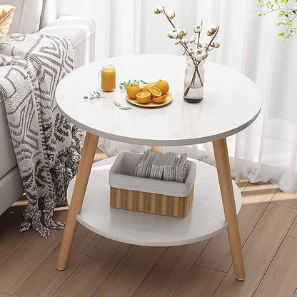 Nordic Style Round Double Layer Coffee Table | Minimalist Side Table | 50 cm | White | Beige| With Shelf Storage