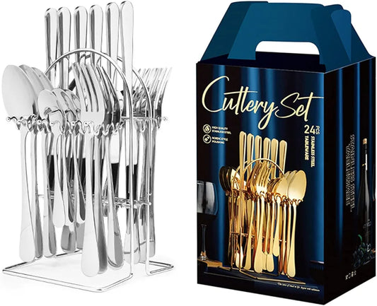 24pcs Stainless Steel Silver Cutlery Set – Elegant and Durable Flatware for Home and Dining