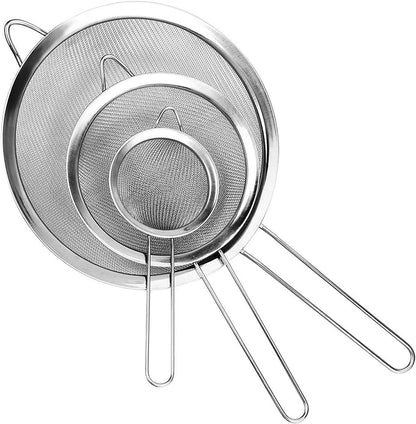 3in1 Metallic Sieve Set | Durable Stainless Steel Sifters | 10 cm, 12 cm, 14 cm | Ideal for Straining, Sifting, and Rinsing | Stackable Kitchen Tool